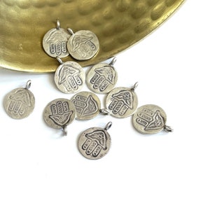 HAMSA PENDANT DROP | Stamped Symmetrical Hamsa Hand Pendant Drop / Charm in Antiqued Nepali Silver Brass (Double Sided)