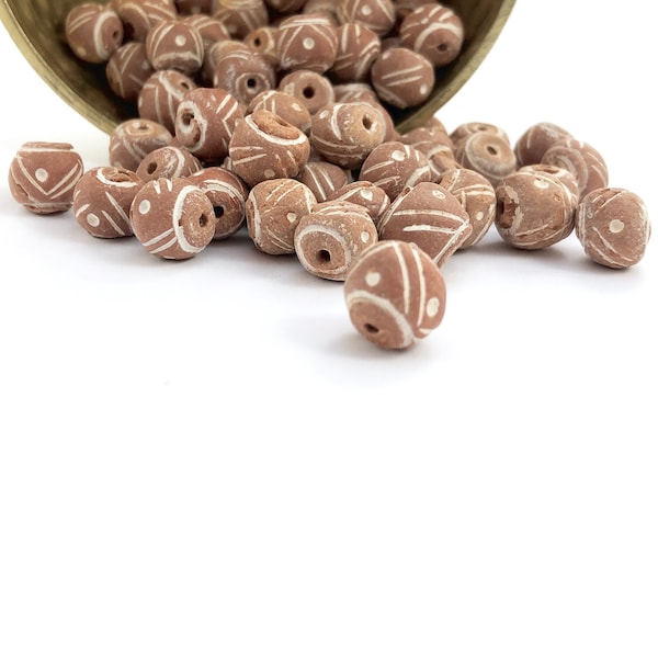 MALI CLAY BEADS | 12x10mm Authentic Mali Clay Beads with Carved Tribal + Primitive Design (Package of 10)