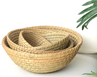 NESTING BASKET SET | Set of Four (4) Handwoven Natural Kaisa Grass + Jute Nesting Baskets (6” - 12” Round Diameters)