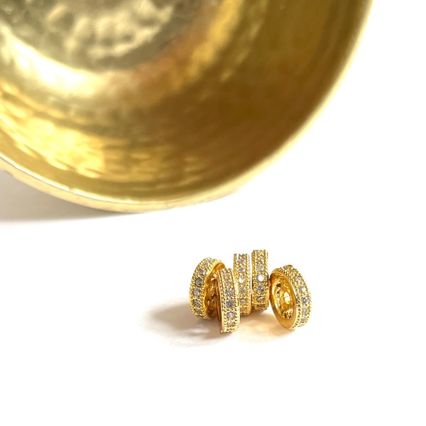 MICRO PAVÉ BEAD | 10x2.5mm 14Karat Gold Plated Wheel / Disc / Rondelle / Flat / Spacer Bead Inlaid with Clear Crystal Micro Pavé Band