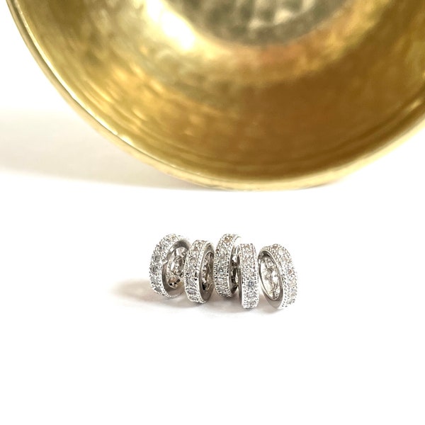 MICRO PAVÉ BEAD | 10x2.5mm Silver Plated Wheel / Disc / Rondelle / Flat / Spacer Bead Inlaid with Clear Crystal Micro Pavé Band