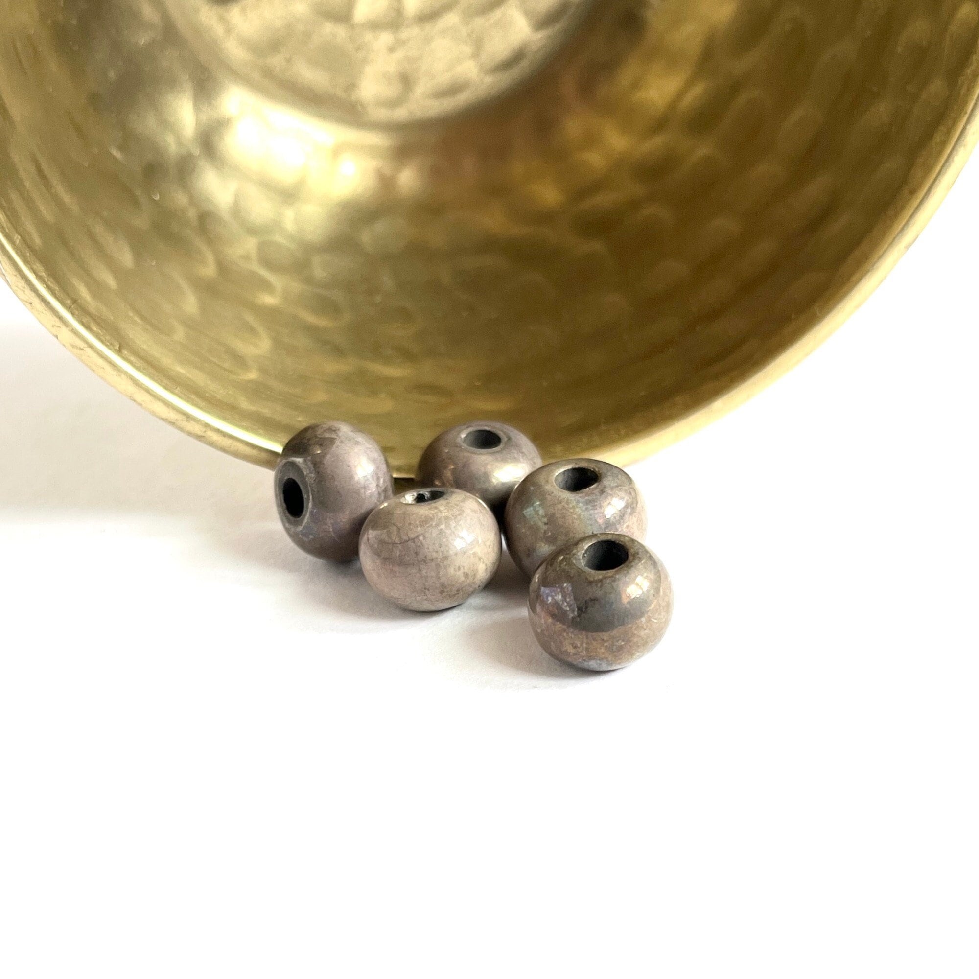 TERRA COTTA BEADS | 12x9mm Handcrafted Terra Cotta Ceramic Smooth Round Beads in Metallic Taupe with Polished Crackled Finish (Package of 5)