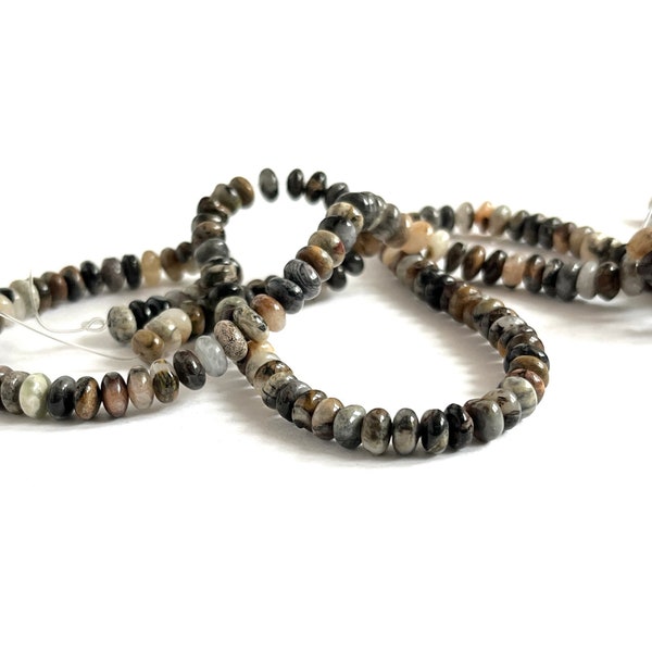 PICASSO JASPER | 6x3mm Natural { United States } Black Picasso Jasper Smooth Rondelle Beads (8" Strand)