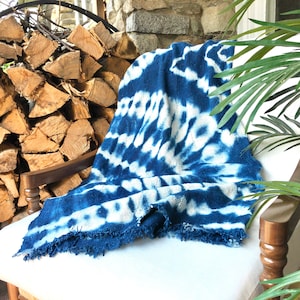 MUD CLOTH | 61” x 41” Indigo Blue + White Oyster Mali Bologan Mud Cloth Fabric in a Primitive Tribal Design