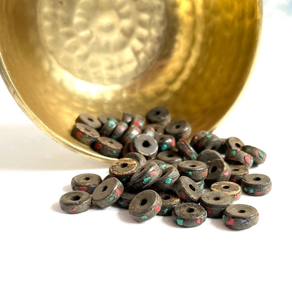 INLAID BONE BEADS | 10x4mm Vintage Black Mocha Yak Bone Beads Inlaid with Multicolored Coral + Turquoise Glass (Package of 10)