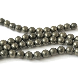 PYRITE BEADS | 10mm Natural Metallic Brushed Smooth Round Iron Sulfide &quot;Fool&#39;s Gold&quot; Pyrite Beads (4.75&quot; Strands)