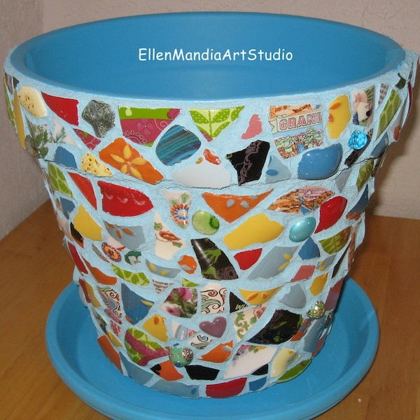 Large Turquoise Jeweled Mosaic Flowerpot