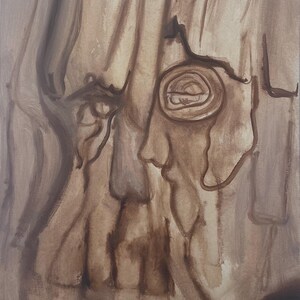 Könnte beinhalten: Abstraktes Gemälde in Brauntönen, das ein stilisiertes Profil mit einem großen, kreisförmigen Auge und fließenden Linien zeigt. Das Kunstwerk hat eine strukturierte Oberfläche, die auf Pinselstriche auf Leinwand hindeutet.