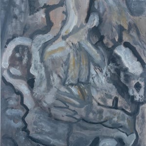 Könnte beinhalten: Abstrakte Malerei in Grau-, Weiß- und Brauntönen. Das Kunstwerk zeigt eine Figur mit einem Schädel und anderen mehrdeutigen Formen. Die Pinselstriche sind sichtbar und erzeugen einen texturierten Effekt. Das Gesamtthema ist düster und künstlerisch.