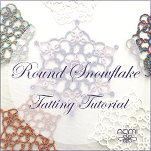 May include: A close-up of a round snowflake tatting tutorial. The image shows several finished snowflakes in various colors, including white, purple, and copper.