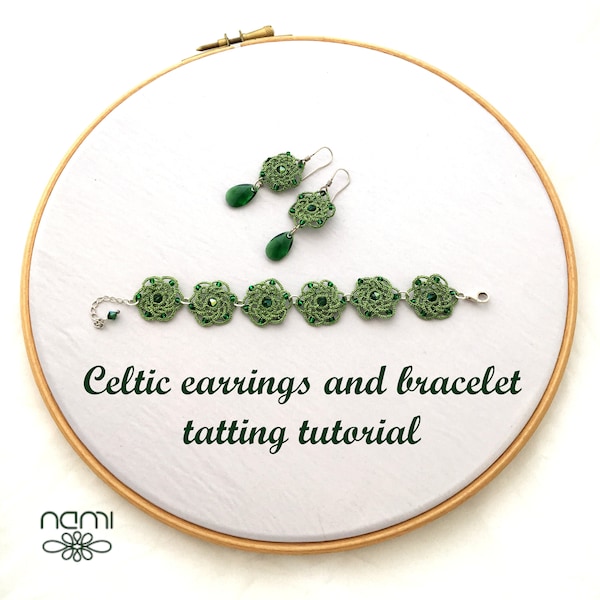 Tatting lace set pattern, tatting shuttle tutorial for earrings and bracelet