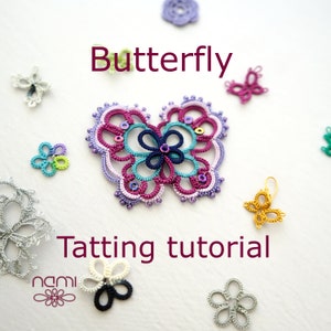 Butterfly tutorial and pattern in pdf file for shuttle tatting, step by step tutorial for tatting butterfly, tatting pendant or brooch