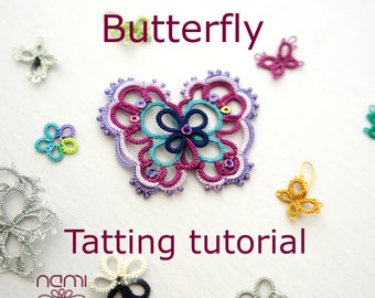 Butterfly tutorial and pattern in pdf file for shuttle tatting, step by step tutorial for tatting butterfly, tatting pendant or brooch