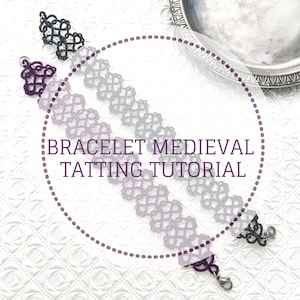 May include: Three crocheted bracelets in black, gray, and purple, with a white background. The bracelets are in a circle with the text "BRACELET MEDIEVAL TATTING TUTORIAL" in the center.