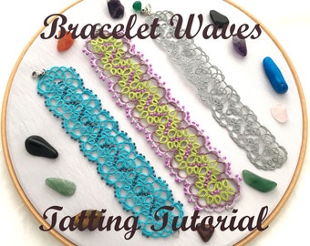 Bracelet Waves tatting tutorial, pattern and description step by step for tatting shuttle how to make lace bracelet with beads in pdf file