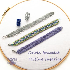 May include: Three Celtic knot bracelets in purple, green, and silver, with a silver ring, on a white surface with the text "Celtic bracelet Tatting tutorial".