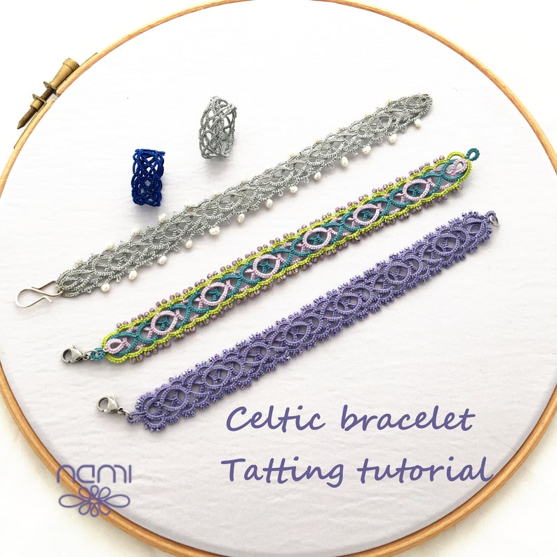 May include: Three Celtic knot bracelets in purple, green, and silver, with a silver ring, on a white surface with the text "Celtic bracelet Tatting tutorial".