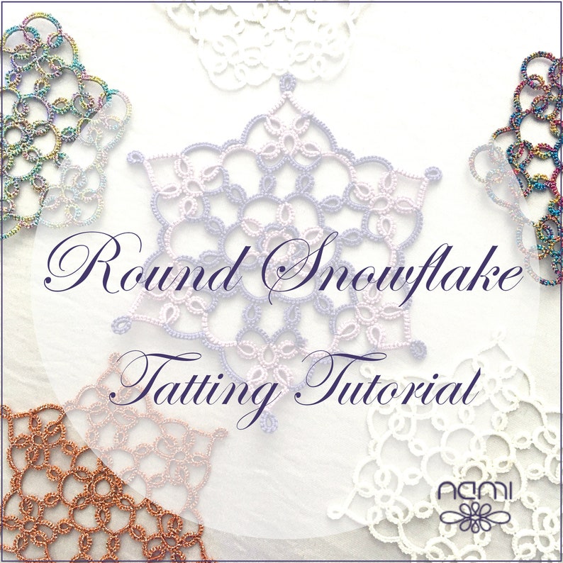 May include: A close-up of a round snowflake tatting tutorial. The image shows several finished snowflakes in various colors, including white, purple, and copper.