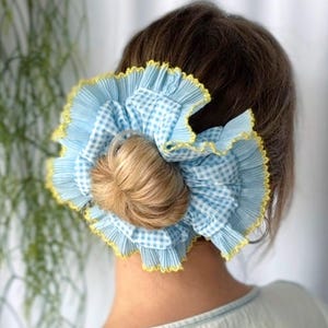 Oversized Gingham Scrunchie: Blue & Yellow Pleated Trim, Handmade UK