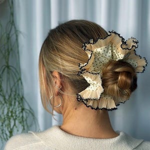 Oversized Polkadot Scrunchie: Green & Cream with Plisse Trim
