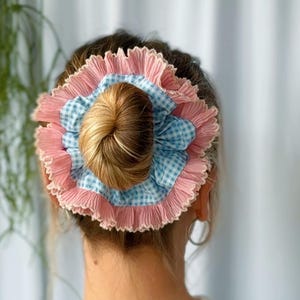 Oversized Gingham Scrunchie with Plisse Trim, Handmade