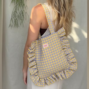 Quilted Cotton Shoulder Bag | Lilac and Yellow Gingham Cotton Bag with a Ruffled Edge | Handmade in the UK