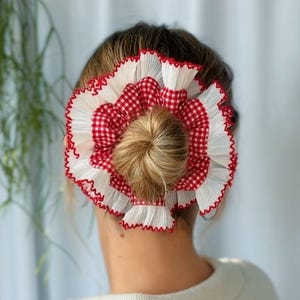 Oversized Cotton Gingham Scrunchie | White and Red Pleated Trim | Statement Hair Accessory | Handmade in the UK