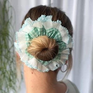 Oversized Gingham Scrunchie: White & Blue Pleated Hair Accessory, Handmade UK