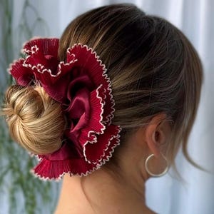Oversized Red Satin Scrunchie: Pleated Chiffon Trim, Handmade Hair Accessory