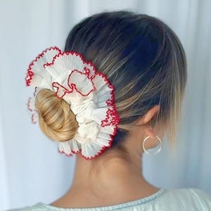 Oversized Gingham Scrunchie: Red & White Pleated Trim, Handmade in UK