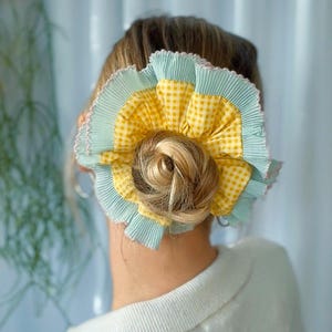 Oversized Cotton Gingham Scrunchie | Blue and Pink Pleated Trim | Statement Hair Accessory | Handmade in the UK