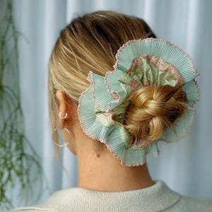 Oversized Cotton Scrunchie | Green and Pink Pleated Trim | Statement Hair Accessory | Handmade in the UK