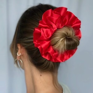 Oversized Scarlet Satin Scrunchie | Double Layer Scrunchie | Bold & Glossy Statement Hair Accessory | Handmade in the UK