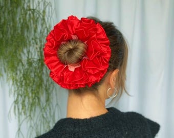 Coletero de doble capa rojo y rosa / Accesorio para el cabello de satén
