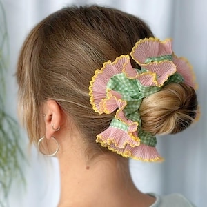 Oversized Gingham Scrunchie: Pink & Yellow Pleated Cotton Hair Accessory
