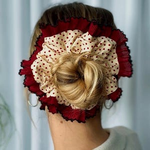 Oversized Polkadot Scrunchie: Red Plisse Trim, Handmade