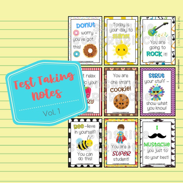 Test Taking Notes Vol. 1 Encouragement Notes 9 Designs 6 Blank PRINTABLE  Lunchbox Appreciation School Kids INSTANT DOWNLOAD Digital File