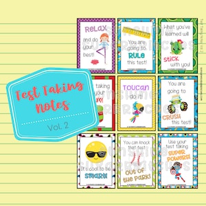May include: A set of nine colorful printable cards with motivational messages for test taking. The cards feature illustrations of a yoga pose, a ruler, a cactus, a toucan, a monster truck, a lemon, a baseball bat, and a superhero. The text on the cards includes phrases like "Relax and do your best!" and "You are going to rule this test!"