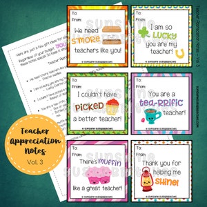 May include: Set of six colorful teacher appreciation cards with cute illustrations and messages like "We need s'more teachers like you!" and "You are a tea-rrific teacher!"