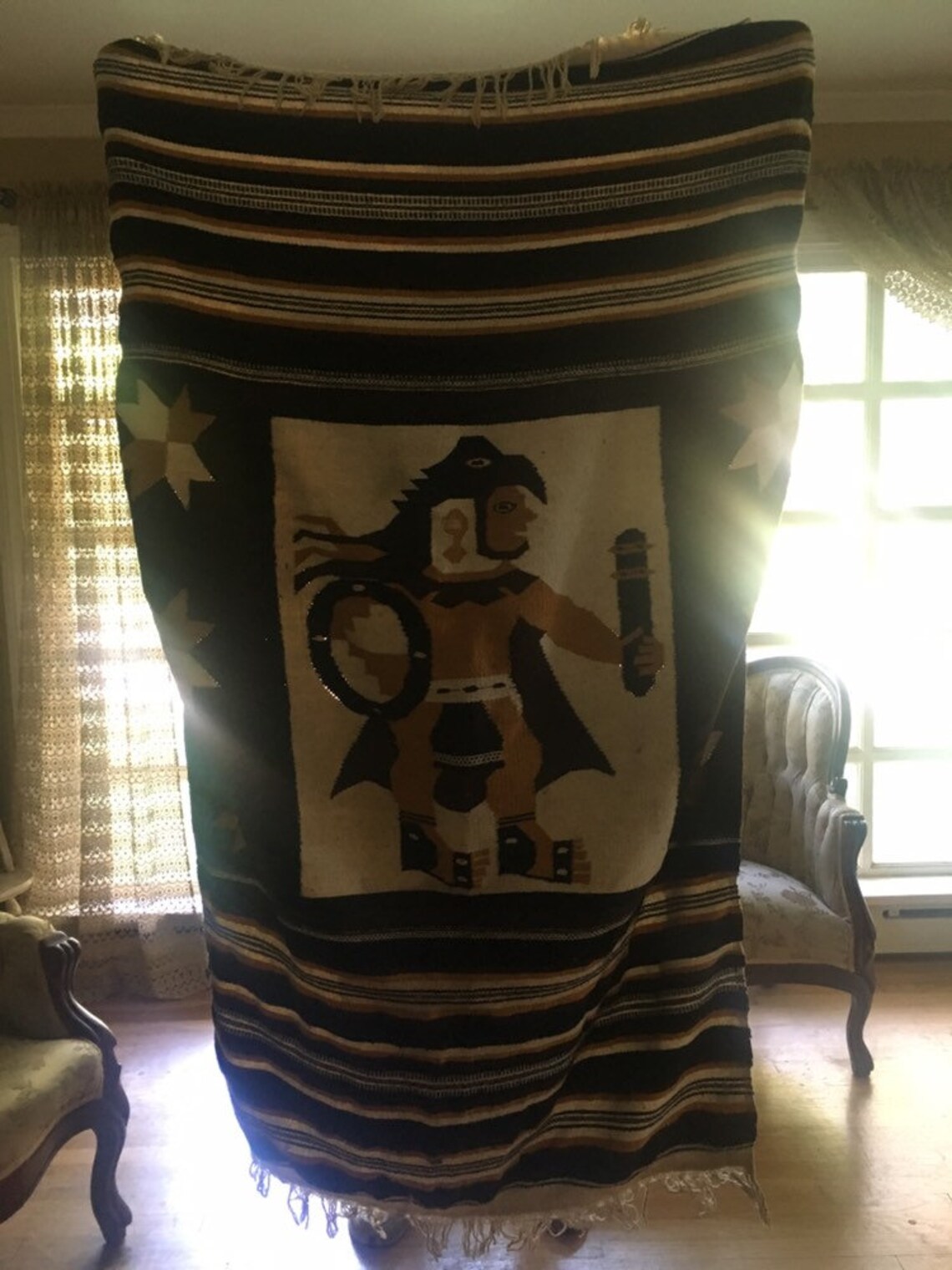 Vintage Wool Aztec Blanket/rug Mexican Tribal Warrior Man Etsy