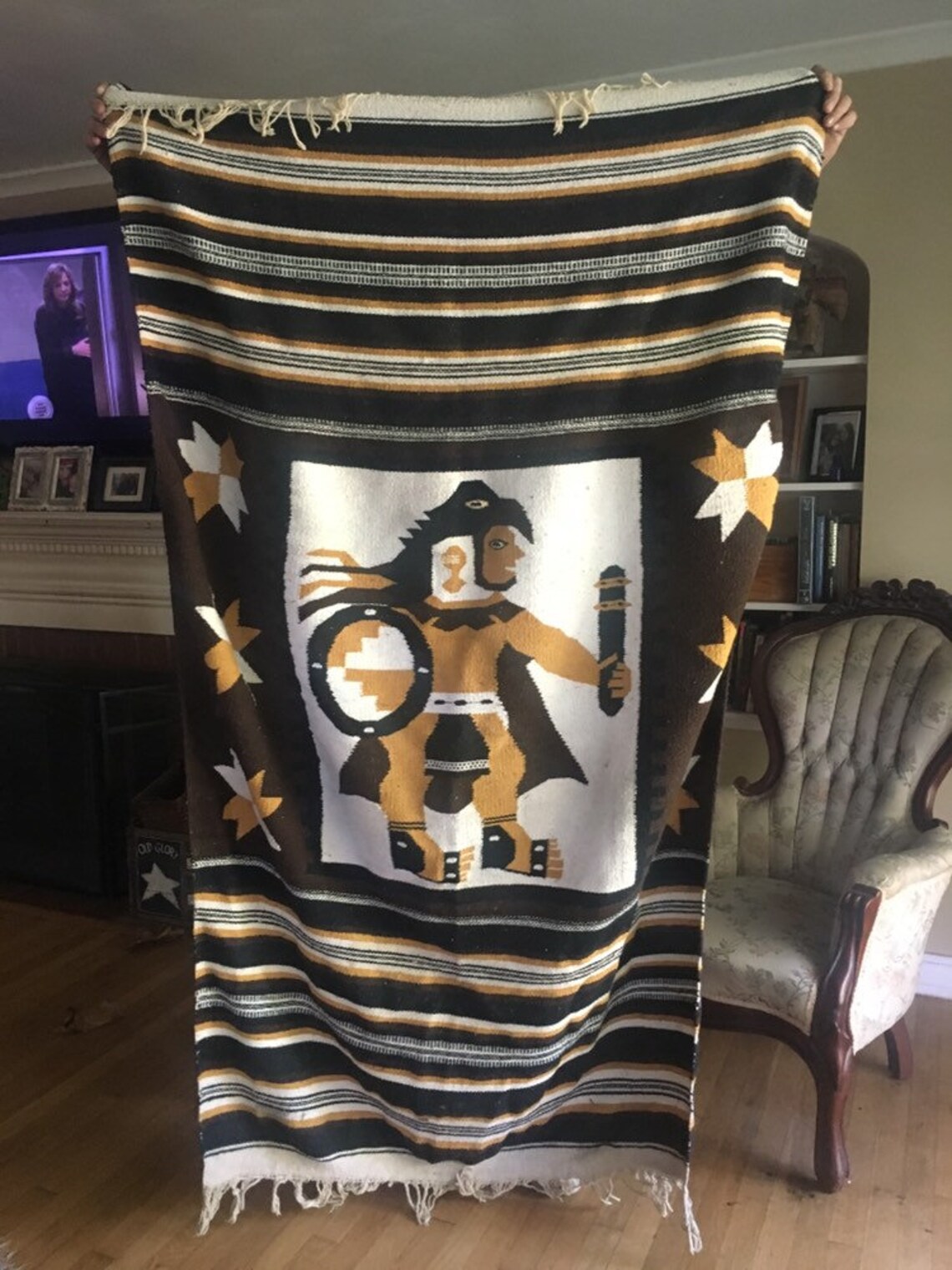 Vintage Wool Aztec Blanket/rug Mexican Tribal Warrior Man Etsy