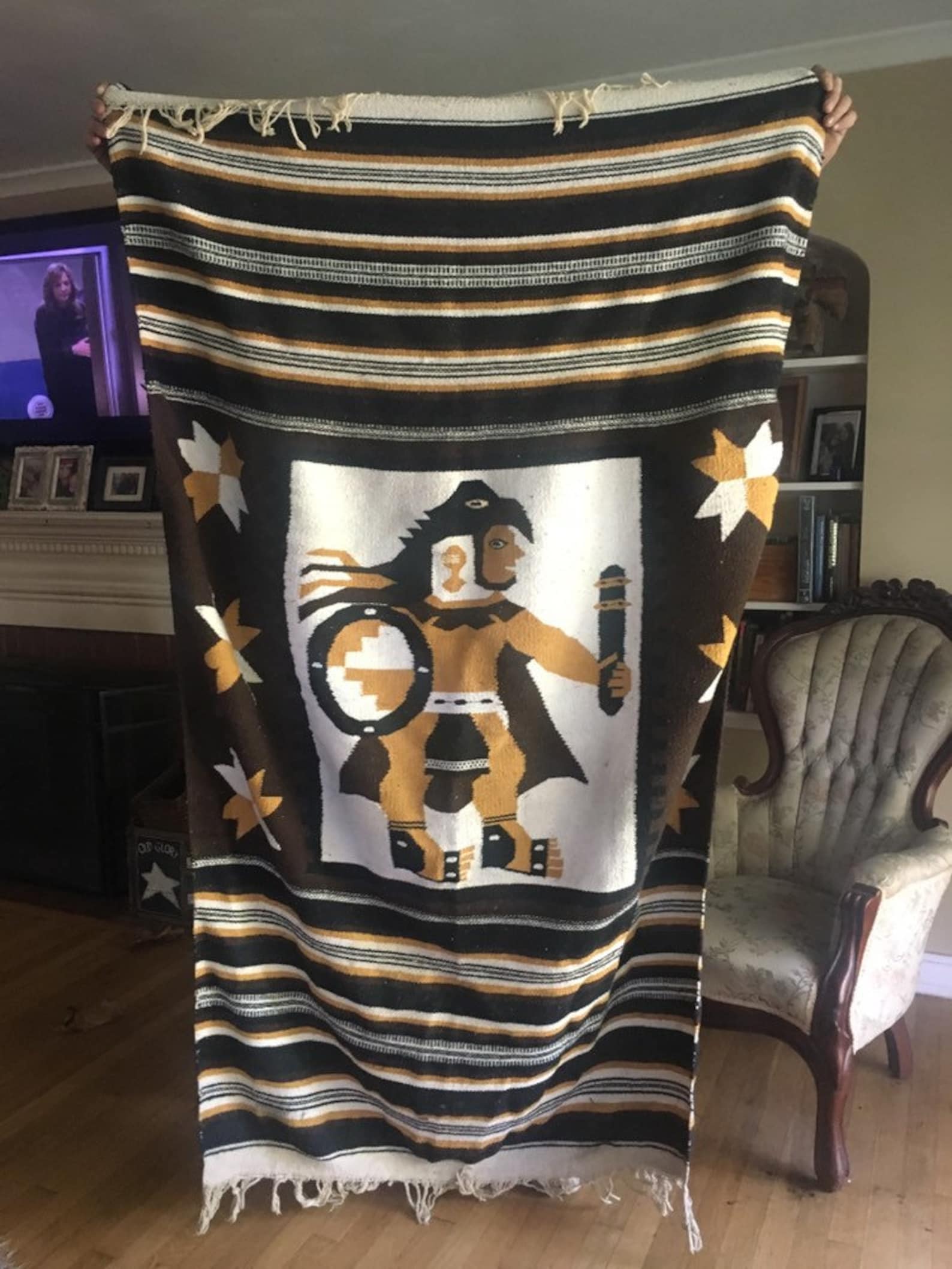 Vintage Wool Aztec Blanket/rug Mexican Tribal Warrior Man Etsy