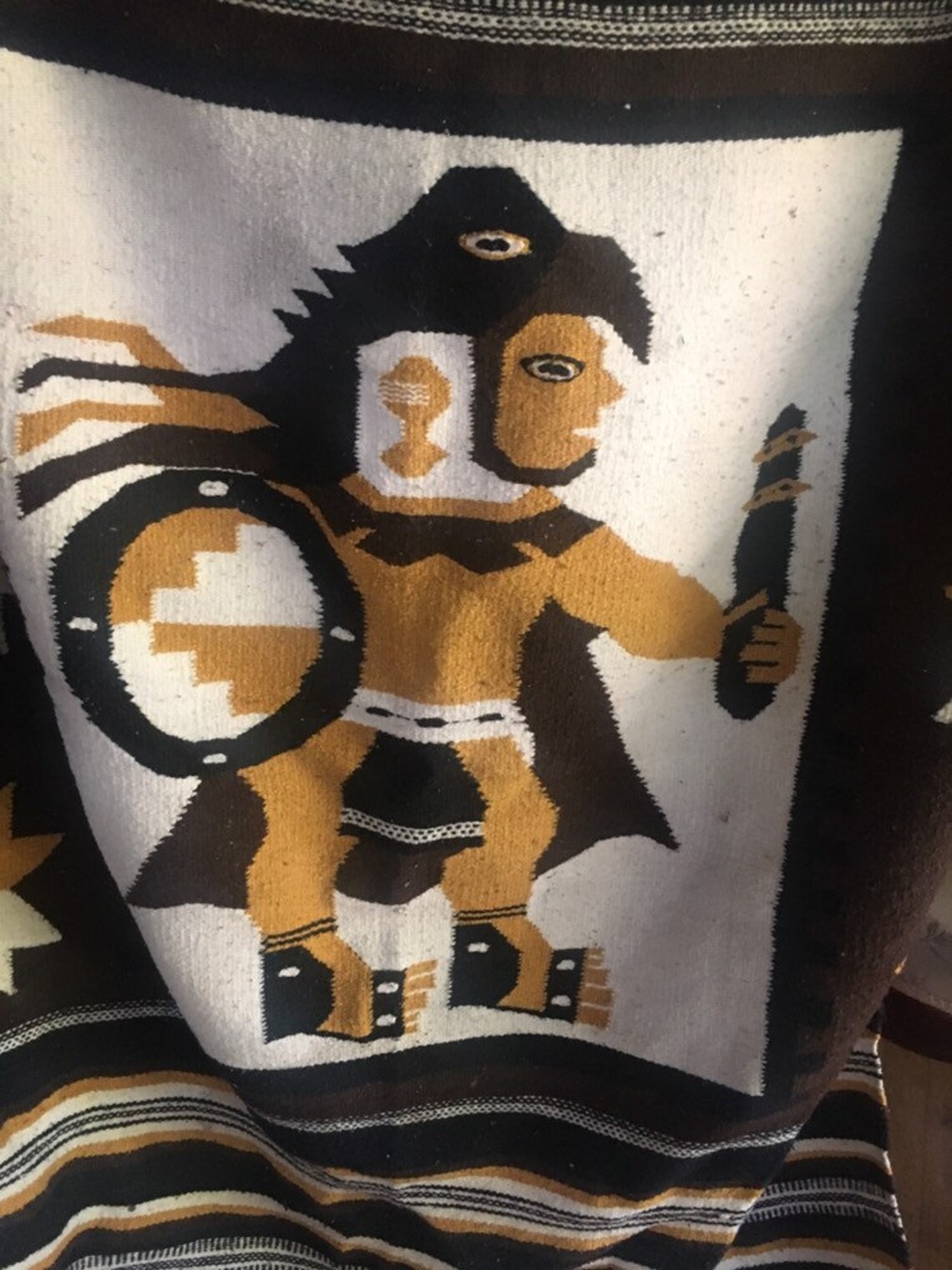 Vintage Wool Aztec Blanket/rug Mexican Tribal Warrior Man Etsy