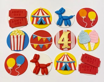 Edible Carnival Circus Themed Fondant Cupcake, Cookie or Cake Toppers - Custom Colors - Personalized