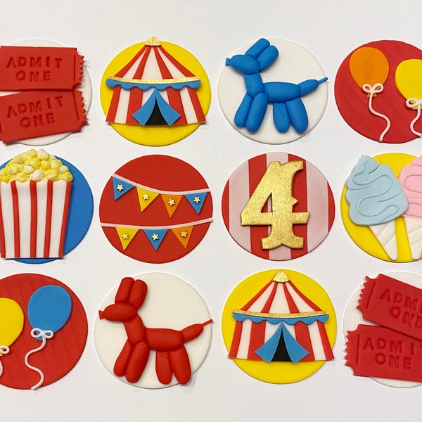 Edible Carnival Circus Themed Fondant Cupcake, Cookie or Cake Toppers - Custom Colors - Personalized