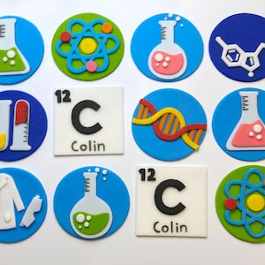 Science Themed Edible Custom Fondant Cupcake Toppers - Chemistry Scientist Custom Colors