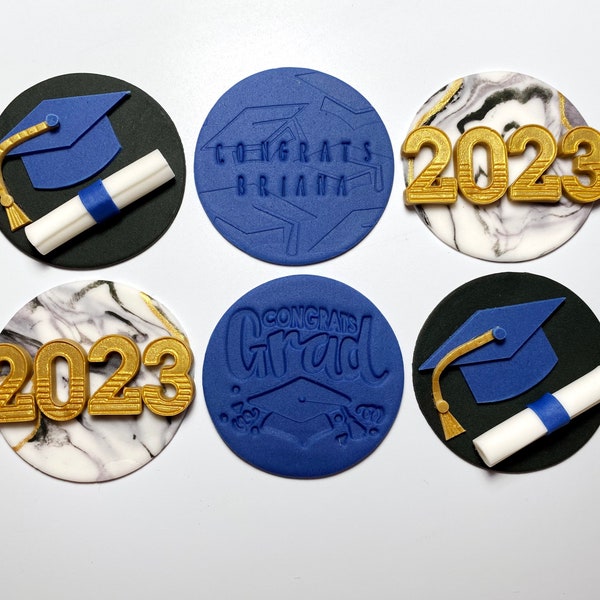 Personalized Edible Graduation Fondant Cupcake Toppers - Custom Name, Custom Colors