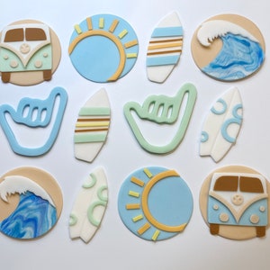 Surf’s Up Themed Edible Fondant Cupcake Toppers - Custom Colors - Surf Cake or Cookie Toppers