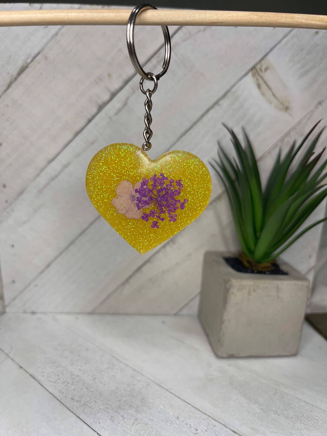 Dried Flower Yellow Heart Keychain // Real Flowers // Keychain // Heart