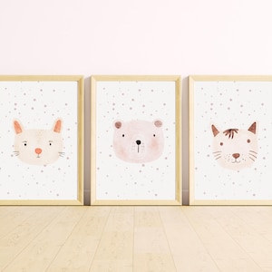 A4 Watercolour animal portrait set, cat bear lion poster with dots, boho kids poster beige, nursery room, instant download, digital download